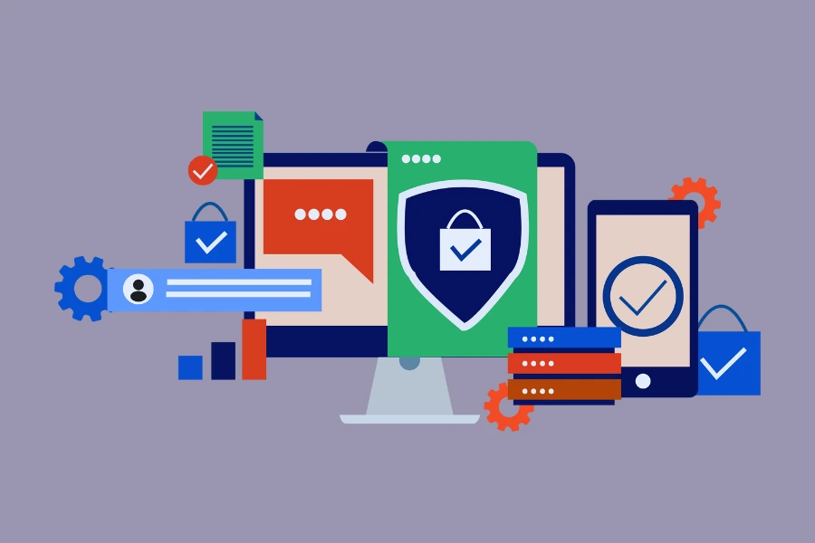 Illustration of multiple digital devices with security icons, representing cybersecurity protection across computers, servers, and mobile devices.