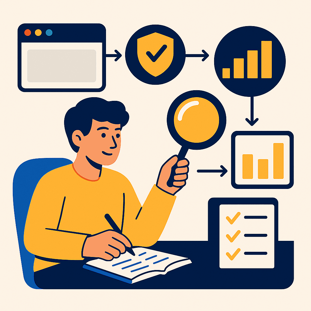 Illustration showing a beginner-friendly recon workflow with a person analyzing data using a magnifying glass, icons of browser windows, shields, charts, and checklists in a modern flat style.