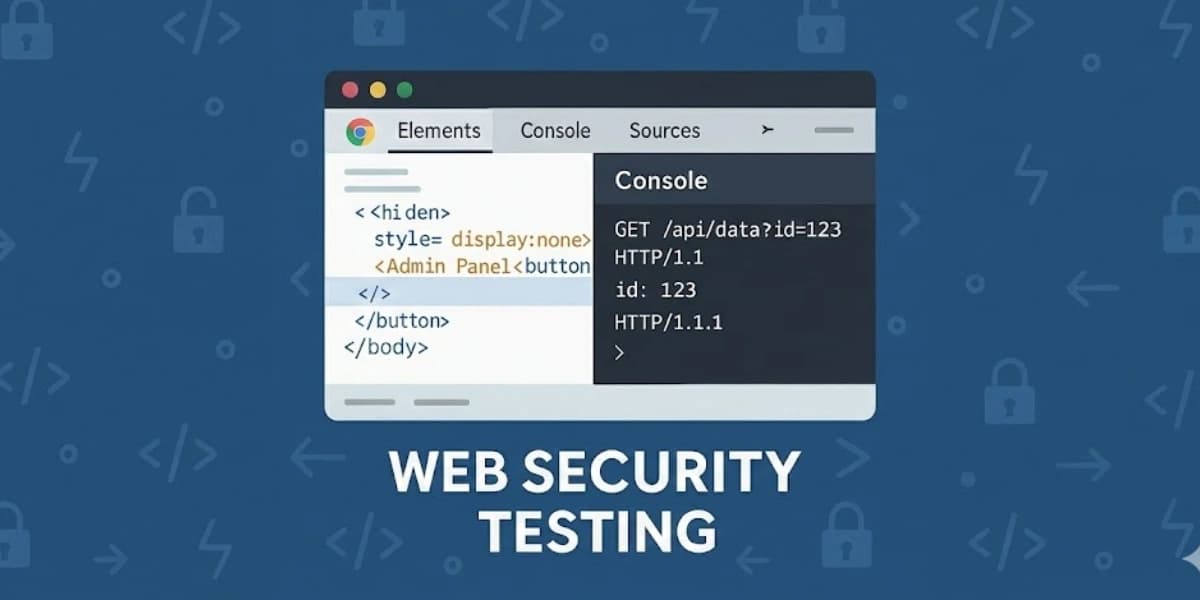 Browser DevTools screenshot-style illustration showing Elements and Console tabs used in penetration testing.