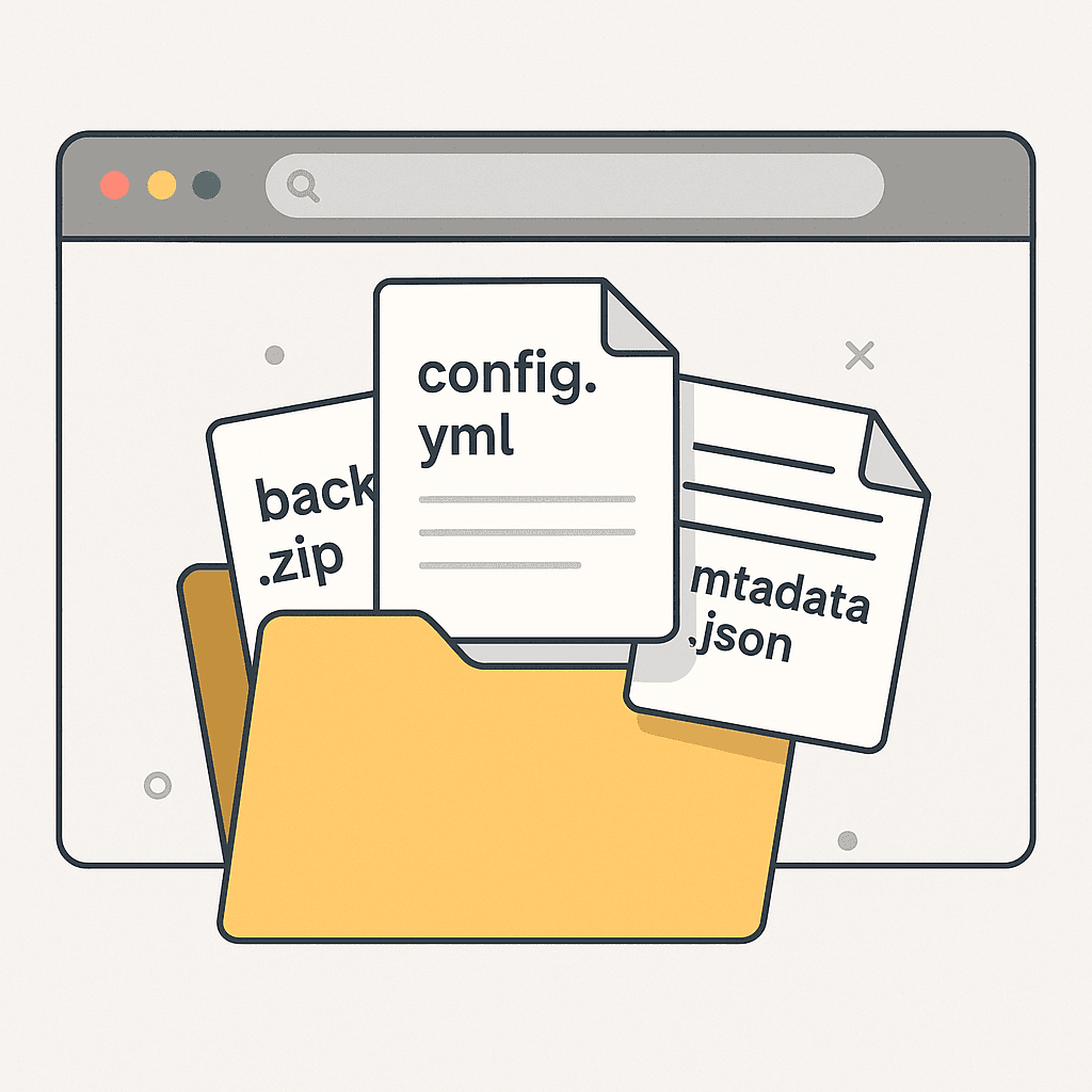 Illustration showing exposed configuration and metadata files like config.yml and metadata.json inside a web application.