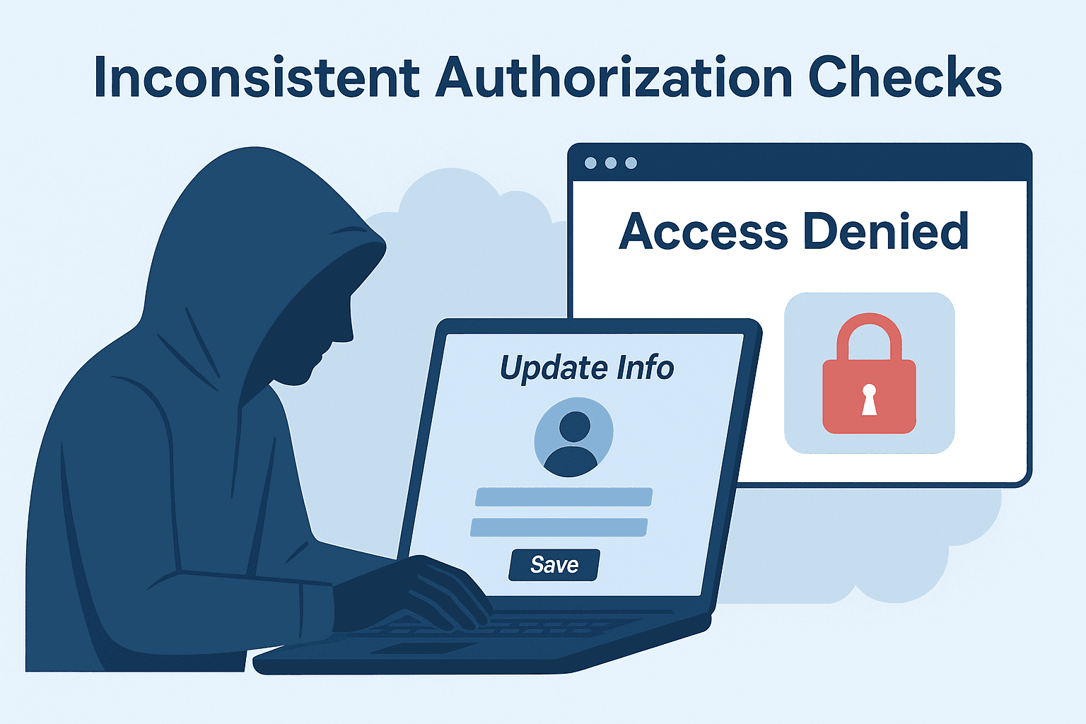 Illustration showing inconsistent authorization checks where an update action is allowed while access to the same resource is denied.