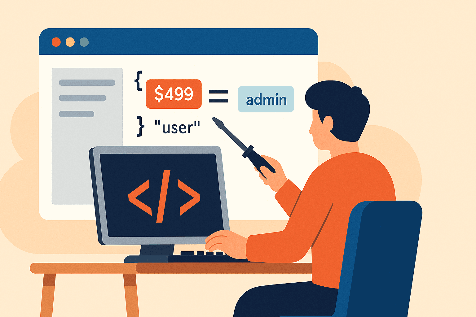 Illustration of a person modifying values on a computer screen to represent parameter tampering in web application security.