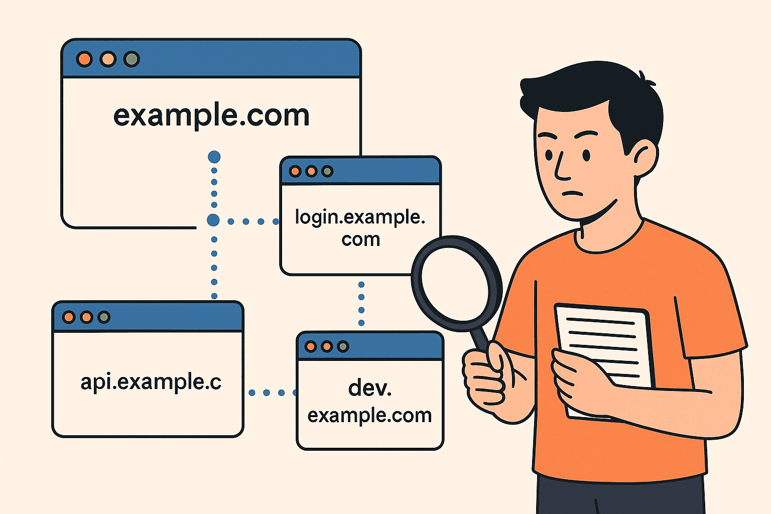Illustration showing a person analyzing subdomains during recon, with example.com connected to login, API, and dev subdomains using a magnifying glass and notes.