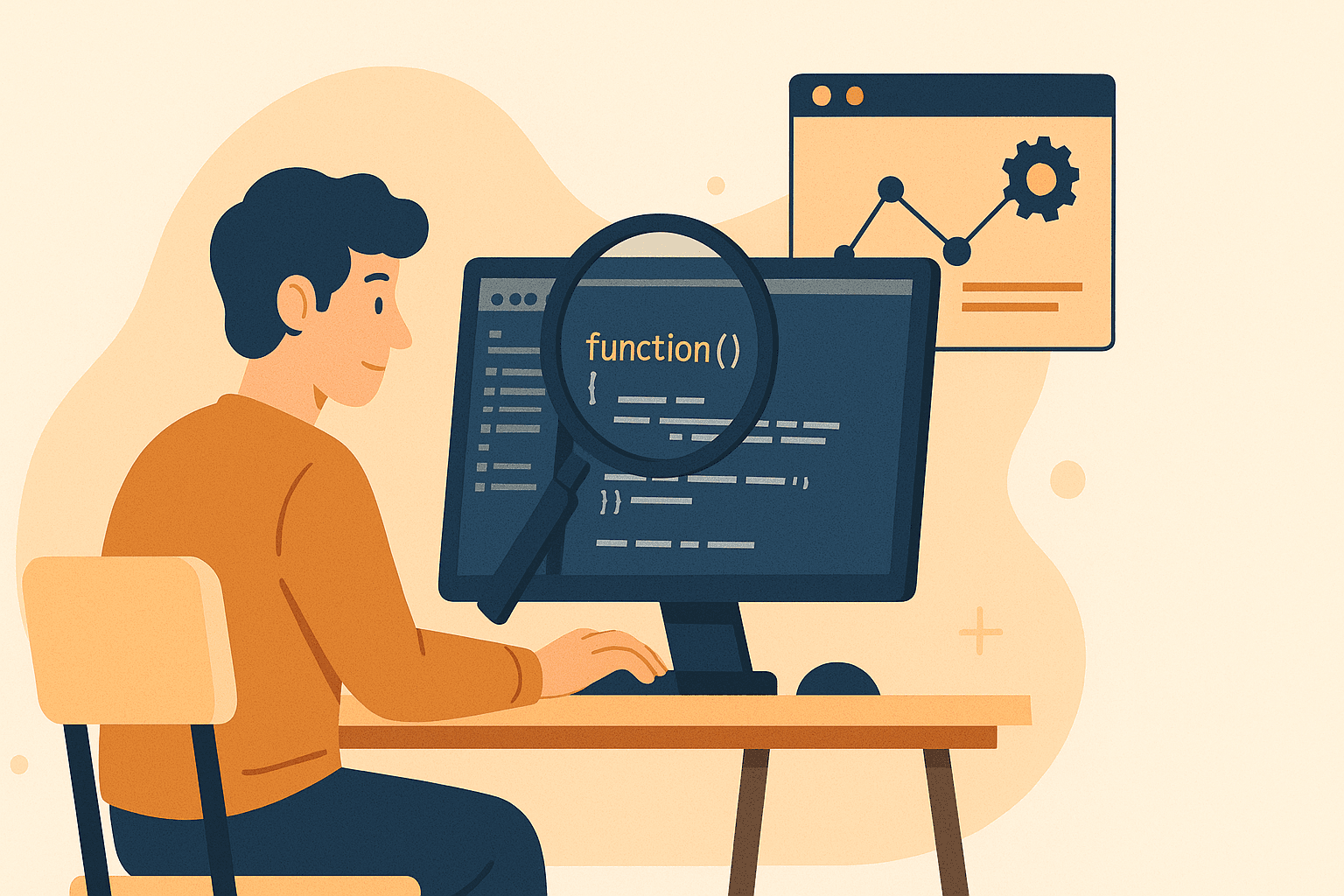 Illustration of a person analyzing JavaScript code on a computer with a magnifying glass, representing reverse engineering and understanding website logic.