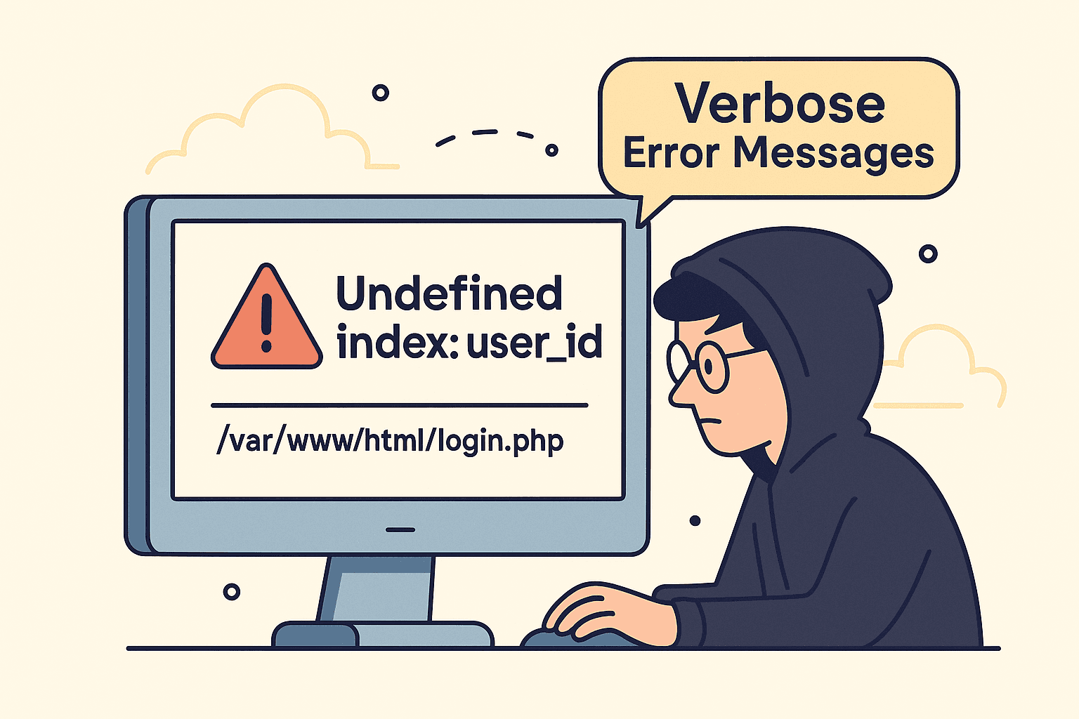 Illustration showing a verbose error message revealing file path and user index information on a web application.